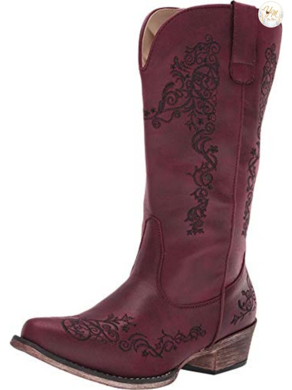 Women's Faux Leather Western Mid-Calf Boots Embroidered Pull-On Work Boots
